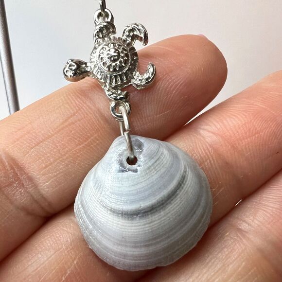 Dangle Earrings Genuine Handcrafted Seashell Turtle Blue Gray Coastal Beach - Picture 7 of 15